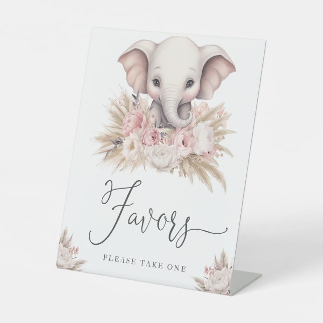 Cute Elephant Pink Boho Girl Baby Shower Favours Pedestal Sign (Front)