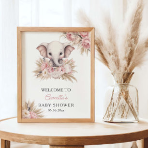 Cute Elephant Pink Boho Girl Baby Shower Welcome Poster
