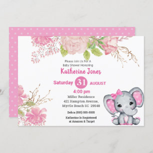 Cute Elephant Pink Floral Baby Shower Invitation
