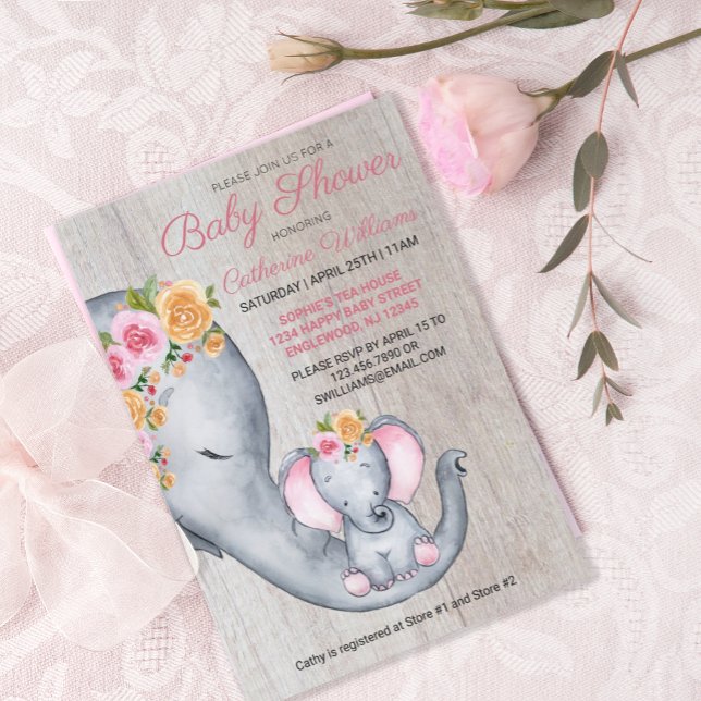 Cute Elephant Pink Floral Baby Shower Invitation (Creator Uploaded)