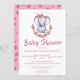 Cute Elephant Pink Floral Baby Shower Invitation