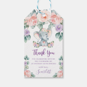 Cute Elephant Pink Floral Birthday Thank You Favou Gift Tags