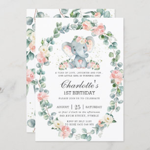 Cute Elephant Pink Floral Greenery 1st Birthday Invitation