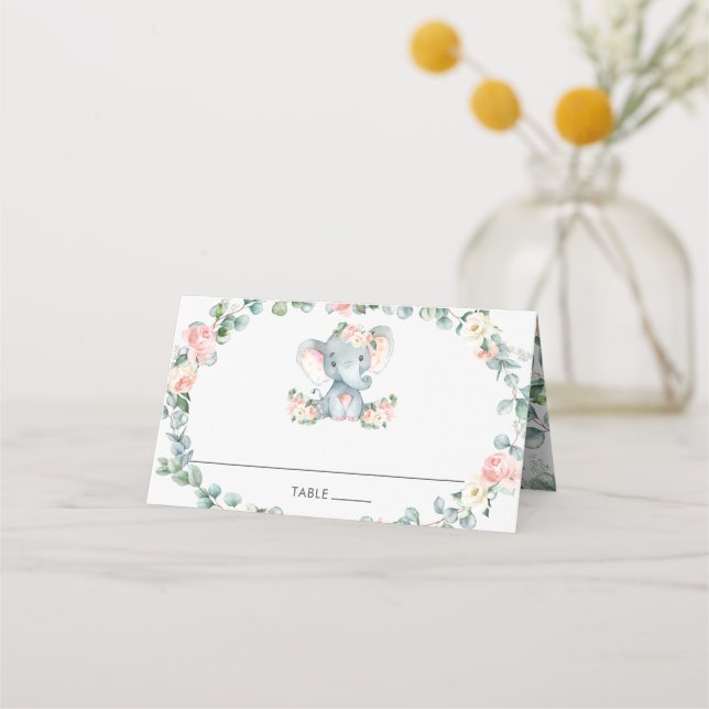 Cute Elephant Pink Floral Greenery Baby Shower Place Card (Front)