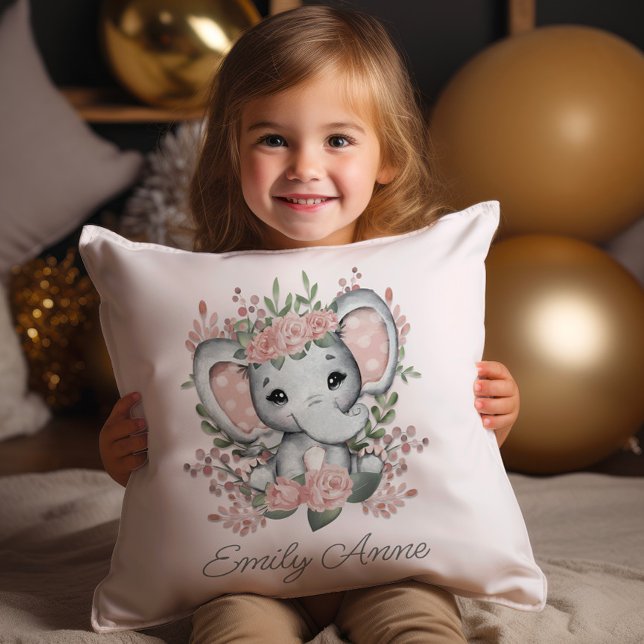 Cute Elephant Pink Floral Greenery Child's Name Cushion (Cute pink princess elephant decorator pillow personalized with your child's name.)