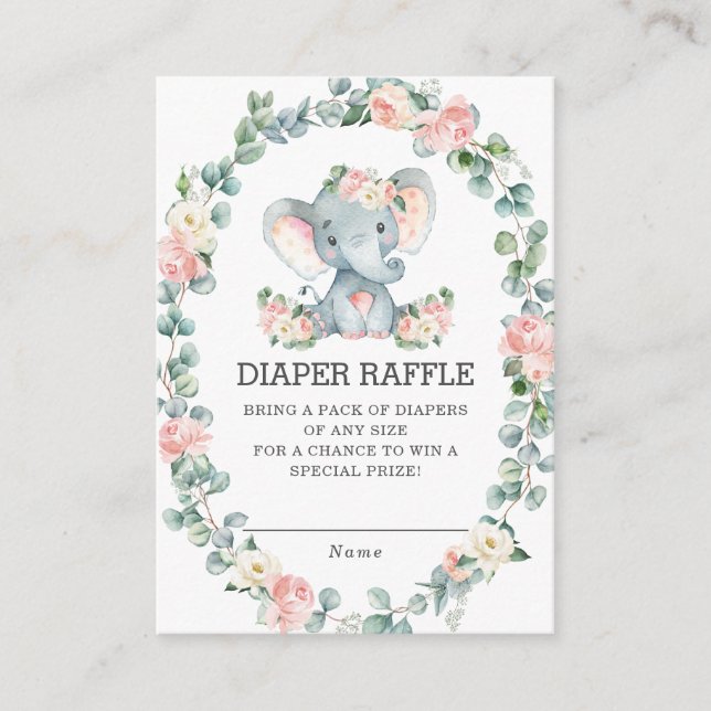 Cute Elephant Pink Floral Greenery Diaper Raffle Enclosure Card (Front)