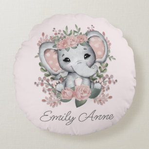 Cute Elephant Pink Floral Polka Dot Child's Name   Round Cushion