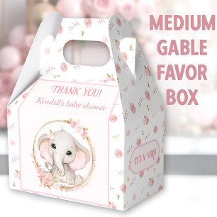 Cute Elephant Pink Flowers Baby Shower Medium Favour Box