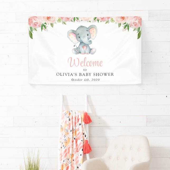 Cute Elephant, Pink Flowers, Baby Shower Welcome Banner (Insitu)