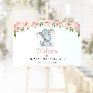 Cute Elephant, Pink Flowers, Baby Shower Welcome Poster