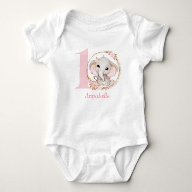 Cute Elephant Pink Flowers Girl Baby Bodysuit (Front)