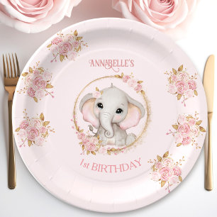 Cute Elephant Pink Flowers Roses Birthday Girl Paper Plate