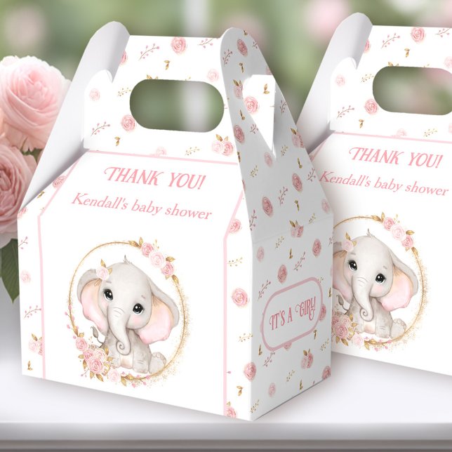 Cute Elephant Pink Flowers White Baby Shower Favour Box (You can choose from 3 sizes of these gable favor boxes simply by clicking on the STYLE dropbox.)