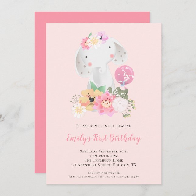 Cute Elephant Pink Girl 1st Birthday Invitation (Front/Back)
