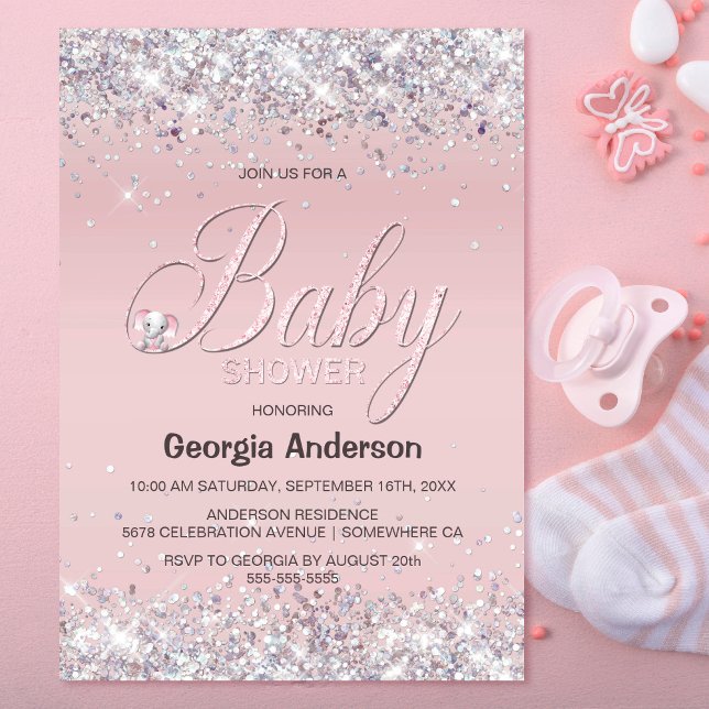 Cute Elephant Pink Glitter Baby Shower Invitation (Creator Uploaded)