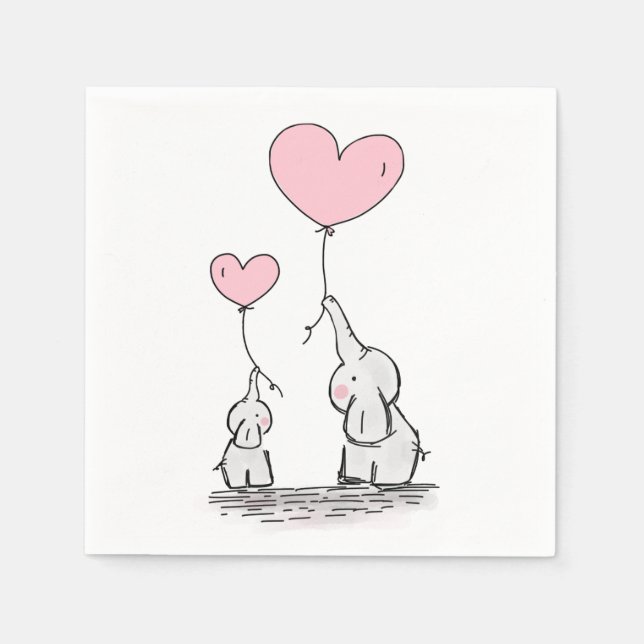Cute Elephant Pink Heart Balloons Girl Baby Shower Napkin (Front)
