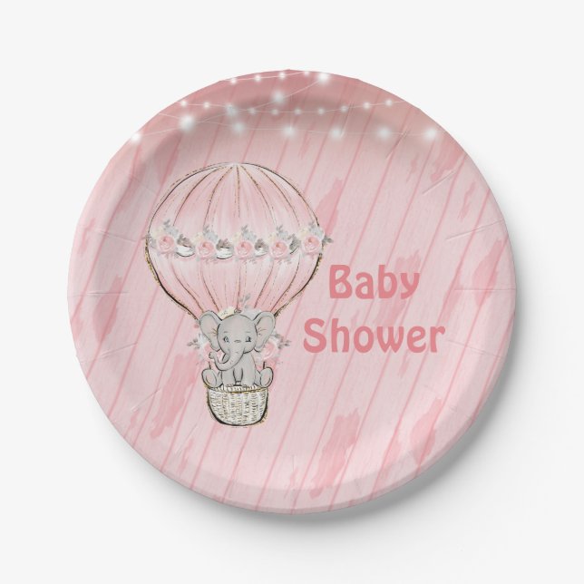 Cute Elephant pink Hot Air Balloon Baby Shower  Paper Plate (Front)
