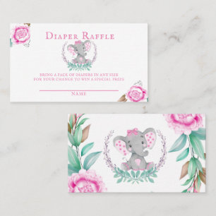 Cute Elephant Pink Peony Girl Baby Diaper Raffle Business Card