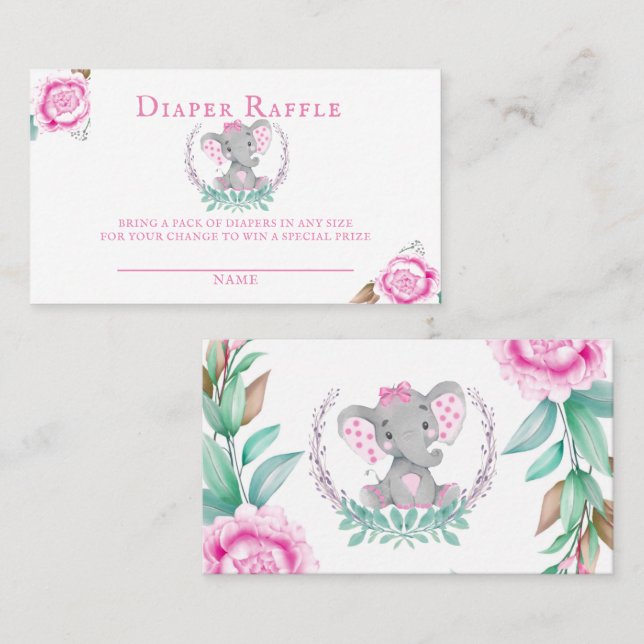 Cute Elephant Pink Peony Girl Baby Diaper Raffle Business Card (Front/Back)