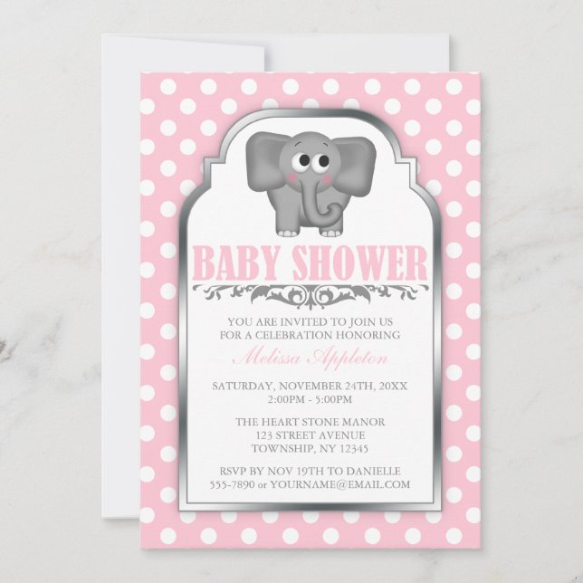 Cute Elephant Pink Polka Dot Baby Shower Invitation (Front)