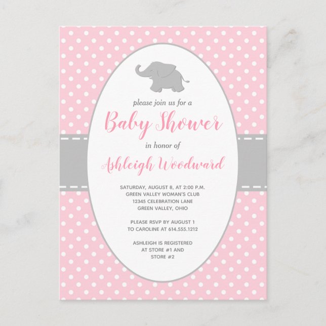 Cute Elephant Pink Polka Dot Girl Baby Shower Invitation Postcard (Front)