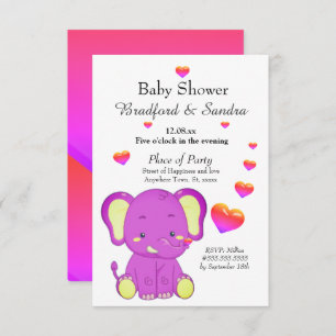 Cute  Elephant Pink Purple Hearts Girl Baby Shower Invitation