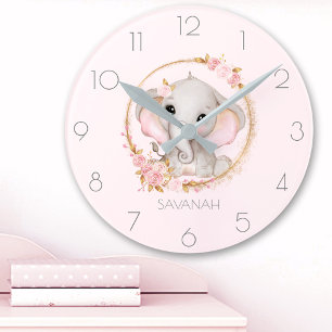 Cute Elephant Pink Roses Girl Name Round Clock