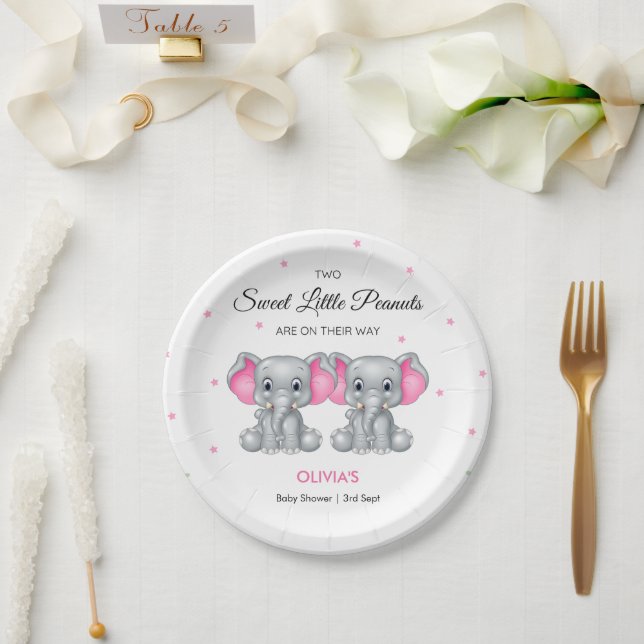 Cute Elephant Pink Twin Girls Baby Shower  Paper Plate (Wedding)