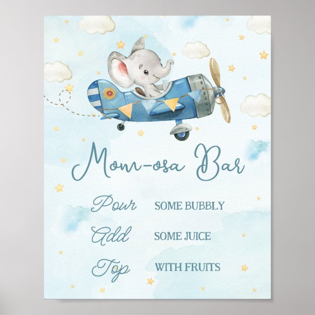 Cute Elephant Plane Adventure Blue Momosa Bar  Poster (Front)