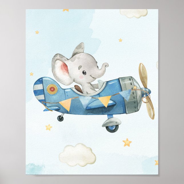Cute Elephant Plane Adventure Blue Sky Poster (Front)
