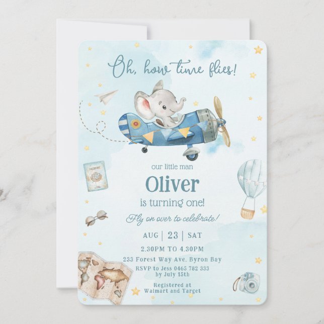 Cute Elephant Plane Adventure Time Flies Birthday Invitation (Front)