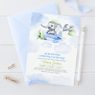 Cute Elephant & Plane Blue Green Grey Baby Shower Invitation