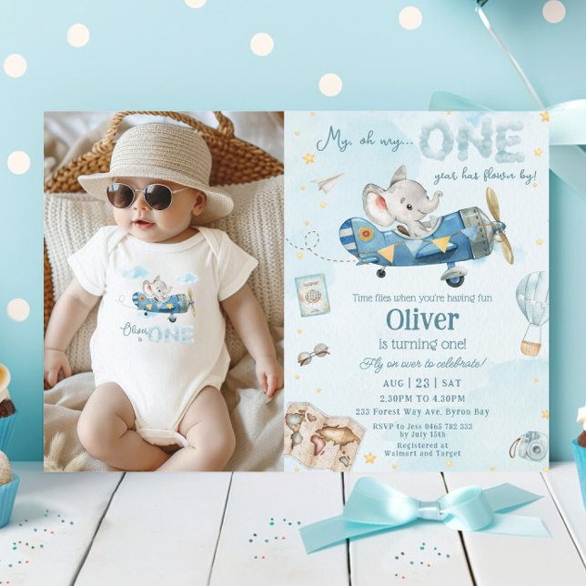 Cute Elephant Plane Time Flies One 1st Birthday Invitation (Creator Uploaded)