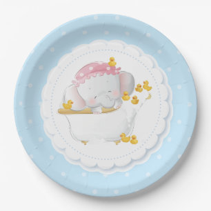 Cute Elephant Polka Dot Blue Paper Plate