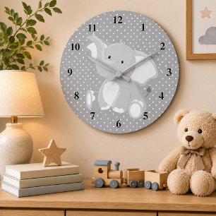 Cute Elephant Polka Dots Large Clock