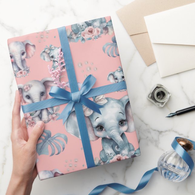 Cute Elephant Print on Pink Background Wrapping Paper (Gifting)