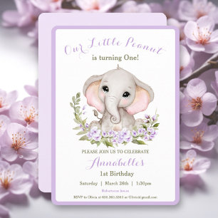 Cute Elephant Purple 1st Birthday Girl Invitation