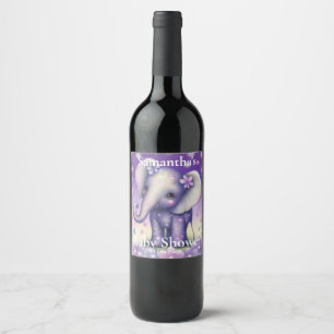 Cute Elephant purple Baby shower Wine Label