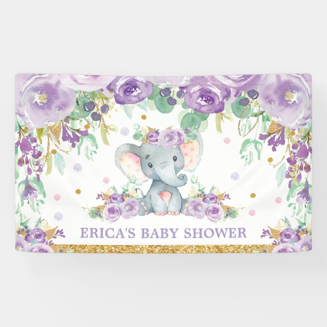 Cute Elephant Purple Floral Baby Shower Backdrop Banner (Horizontal)