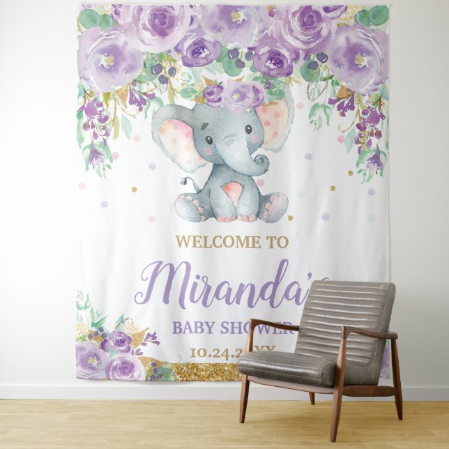 Cute Elephant Purple Floral Baby Shower Welcome Tapestry (In Situ)