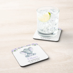 Cute Elephant, Purple Flowers, First Birthday Coaster