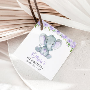 Cute Elephant, Purple Flowers, First Birthday Favour Tags
