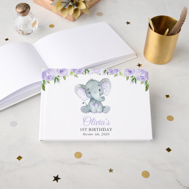 Cute Elephant, Purple Flowers, First Birthday Guest Book (Front Open)