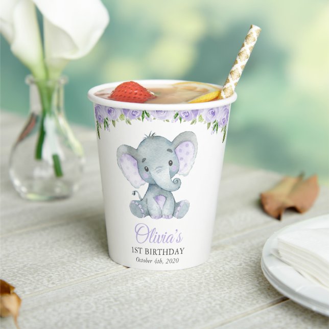 Cute Elephant, Purple Flowers, First Birthday Paper Cups (Insitu)