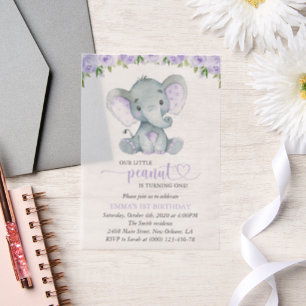 Cute Elephant, Purple Flowers, First Birthday Vellum Invitations