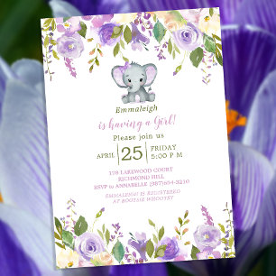 Cute Elephant Purple Spring Floral Baby Shower Invitation