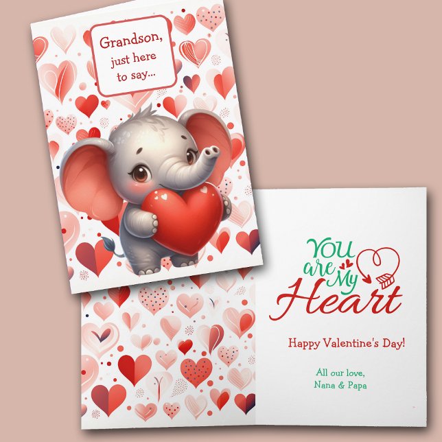Cute Elephant Red Heart Grandson Valentine Holiday Card (Creator Uploaded)