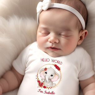 Cute Elephant Red Roses Floral Name Newborn Girl Baby T-Shirt