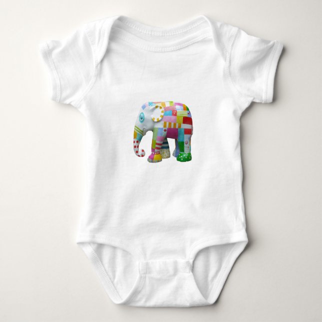 Cute elephant retro patchwork whimsical baby bodysuit (Front)