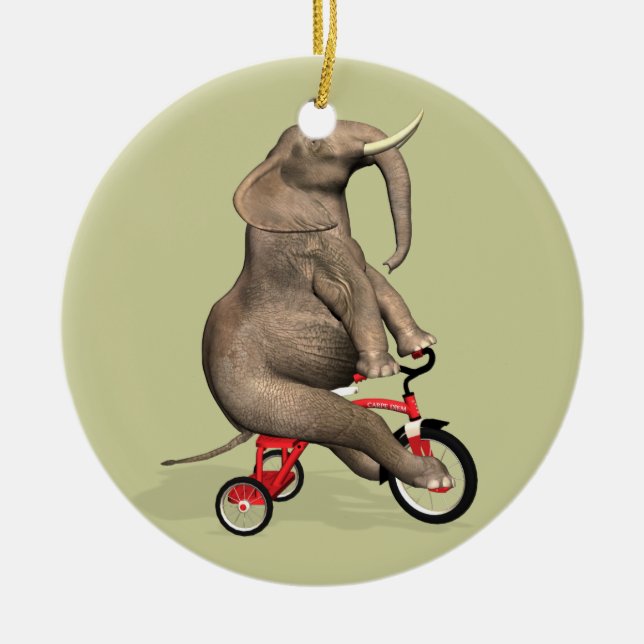 Cute Elephant Riding A Tricycle Ceramic Ornament (Front)